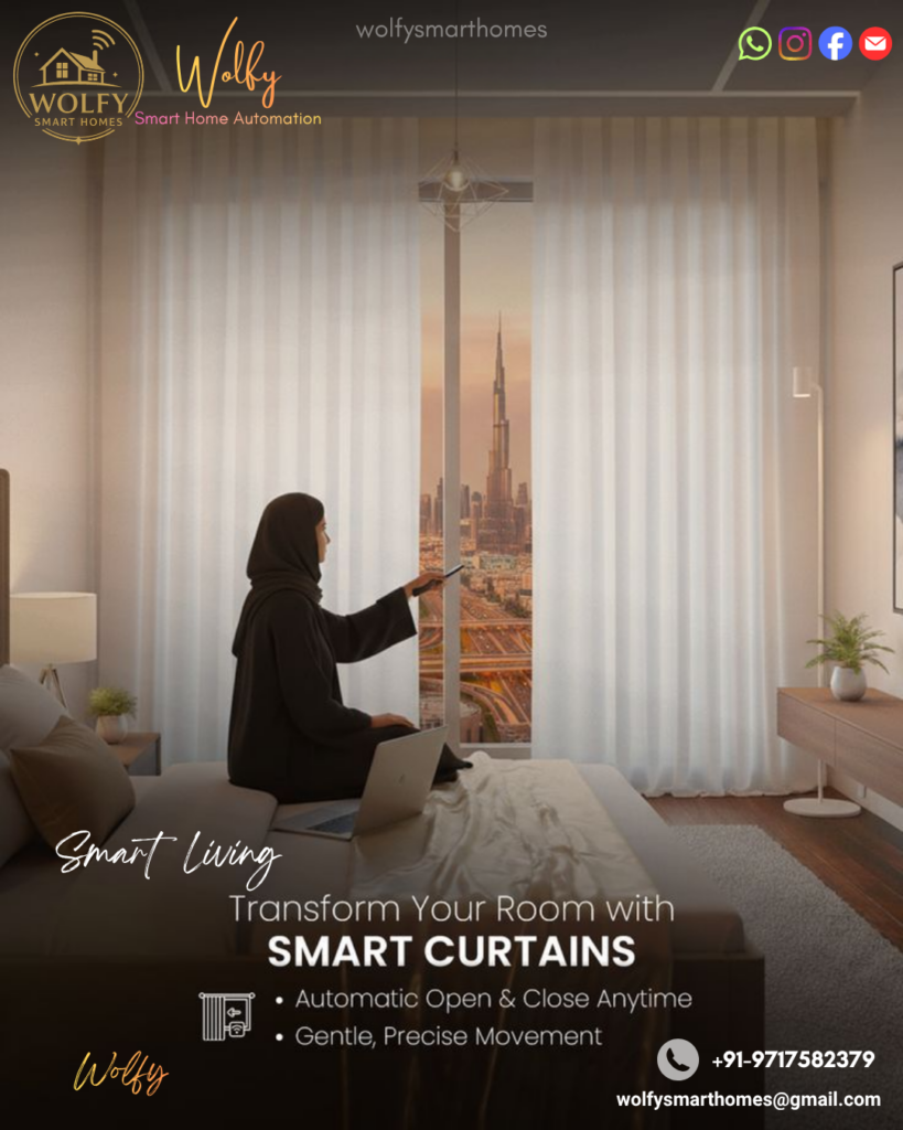 Smart curtains installed in a luxurious modern living room