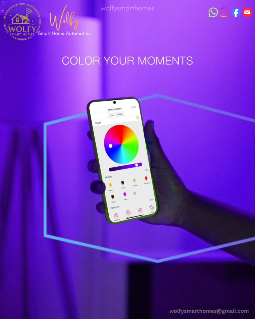 smart lighting in living room with color-changing lights